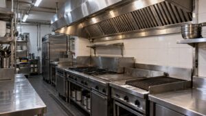 Illustration of a stainless-steel kitchen exhaust hood above a cleared commercial cooking line