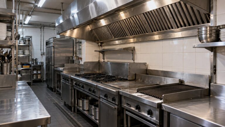 Illustration of a stainless-steel kitchen exhaust hood above a cleared commercial cooking line